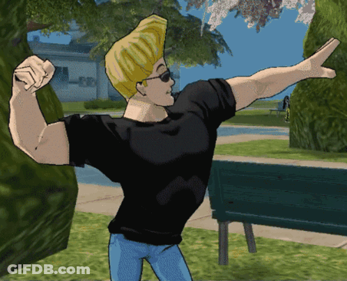 Cartoon Character Flexing Muscles In Front Of Park Bench GIF