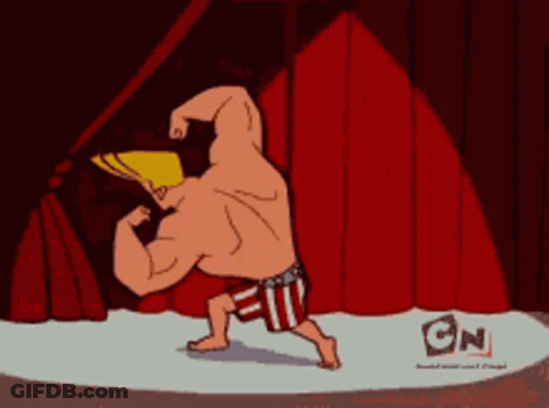 Cartoon Character Flexing Muscles In Front Of Red Curtain With CN GIF