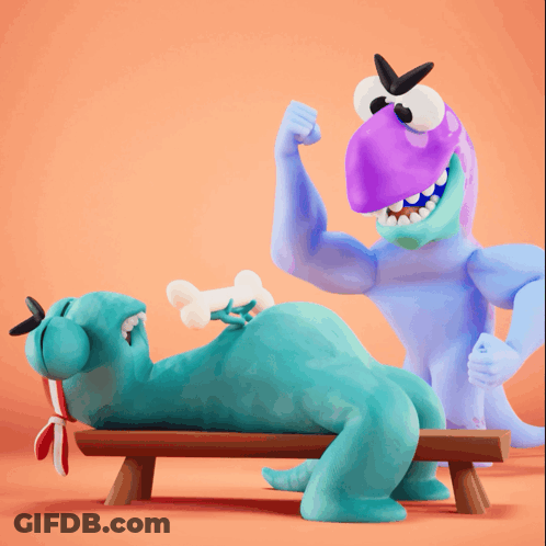 Cartoon Character Flexing Next To Dinosaur GIF