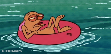 Cartoon Character Floating On Pink Raft GIF