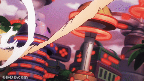 Cartoon Character Flying In Front Of Colorful Building GIF