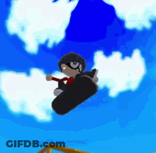 Cartoon Character Flying On Snowboard GIF