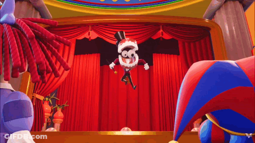 Cartoon Character Flying On Stage With Red Curtains GIF