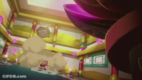 Cartoon Character Flying Through Air In Room GIF