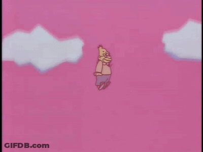 Cartoon Character Flying Through Air With Clouds GIF