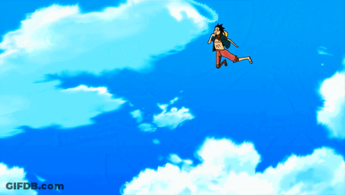 Cartoon Character Flying Through Blue Sky GIF