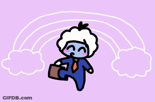 Cartoon Character Flying With Briefcase And Rainbow GIF