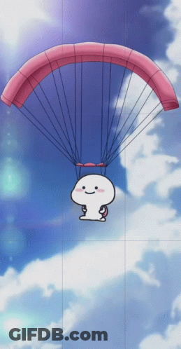 Cartoon Character Flying With Pink Parachute GIF