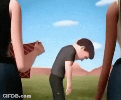 Cartoon Character Head Down In Field With Two Women GIF