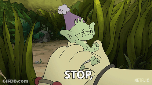 Cartoon Character Held By Hand With Stop Above GIF