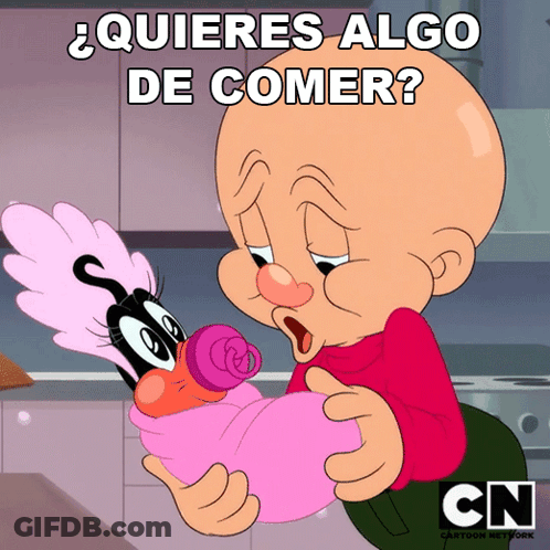 Cartoon Character Holding Baby Saying Quieres Algo De Comer GIF
