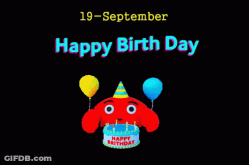 Cartoon Character Holding Balloons And Cake Saying Happy Birthday GIF