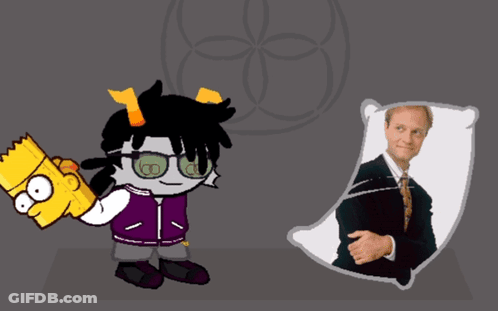 Cartoon Character Holding Bart Simpson's Head Next To Man In Suit And Tie GIF