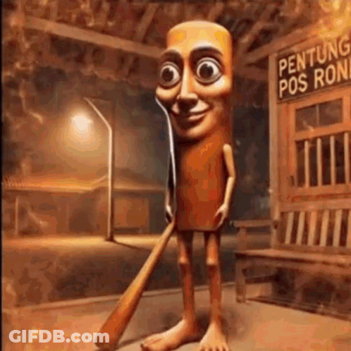 Cartoon Character Holding Baseball Bat In Front Of Building GIF