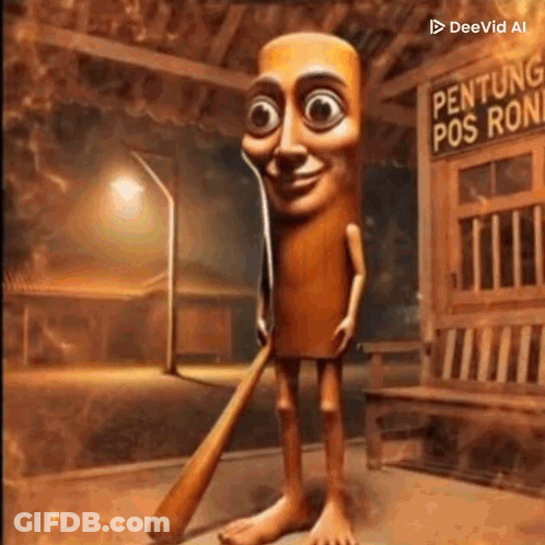 Cartoon Character Holding Baseball Bat In Front Of Building GIF