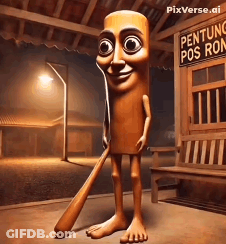 Cartoon Character Holding Baseball Bat In Front Of Pentong Pos Ron Sign GIF