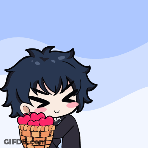 Cartoon Character Holding Basket Of Hearts GIF