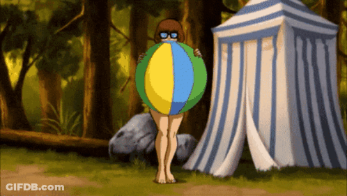 Cartoon Character Holding Beach Ball By Tent In Woods GIF