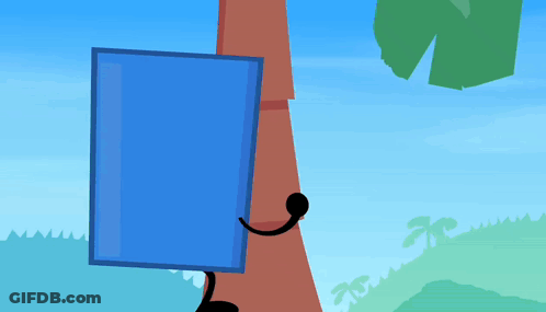 Cartoon Character Holding Blue Box Beside Palm Tree GIF