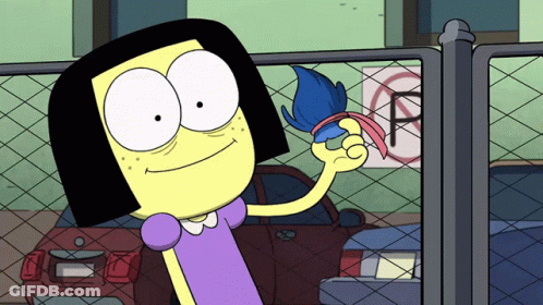 Cartoon Character Holding Blue Brush In Front Of No Parking Sign GIF