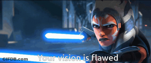 Cartoon Character Holding Blue Lightsaber Saying Your Vision Is Flawed GIF