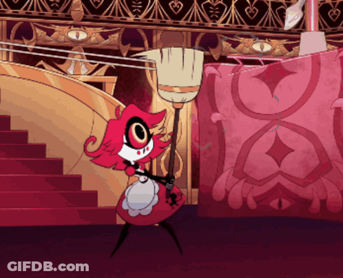 Cartoon Character Holding Broom In Room With Stairs GIF