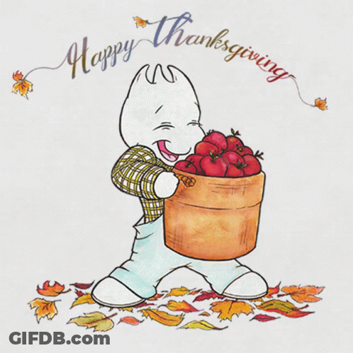 Cartoon Character Holding Bucket Of Apples Saying Happy Thanksgiving GIF