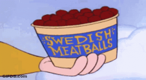 Cartoon Character Holding Bucket Of Swedish Meatballs GIF