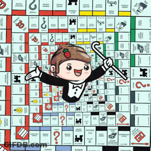 Cartoon Character Holding Cane In Front Of Monopoly Board GIF