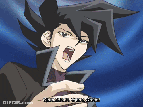 Cartoon Character Holding Card Saying Ojama Black Ojama Green GIF