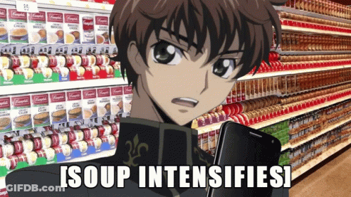Cartoon Character Holding Cell Phone In Front Of Campbell's Soups GIF