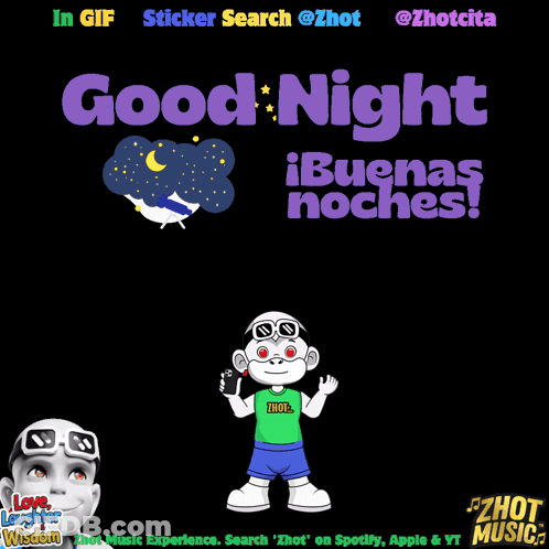 Cartoon Character Holding Cell Phone Saying Good Night In Spanish GIF