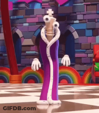 Cartoon Character Holding Chess Piece In Front Of Castle GIF