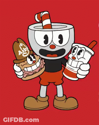 Cartoon Character Holding Coffee And Hamburger GIF