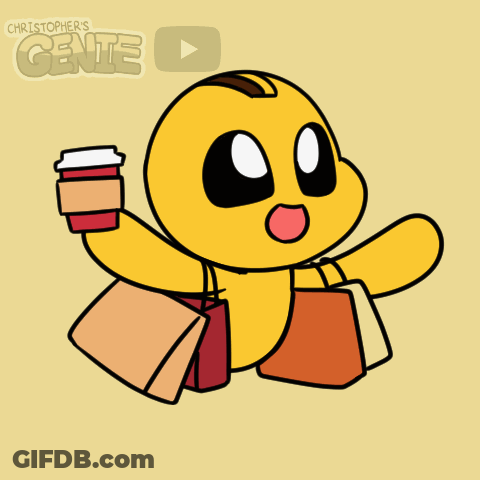 Cartoon Character Holding Coffee And Shopping Bags With Christopher's Genie GIF