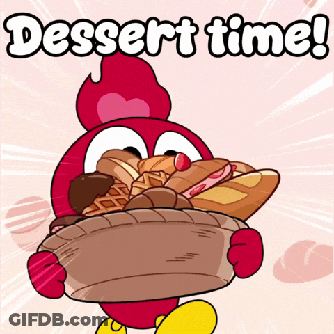 Cartoon Character Holding Dessert Basket Saying Dessert Time GIF