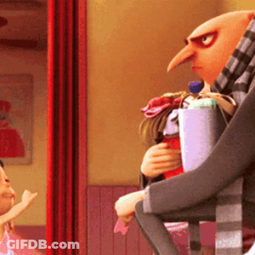 Cartoon Character Holding Doll And Bottle GIF
