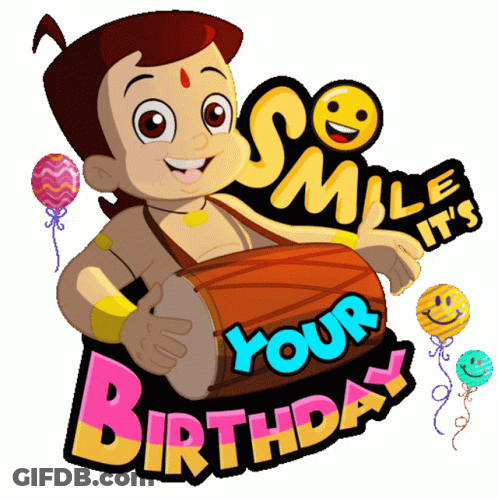 Cartoon Character Holding Drum Saying Smile Your Birthday GIF