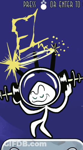 Cartoon Character Holding Dumbbell With Lightning Bolt Saying Press Or Enter GIF