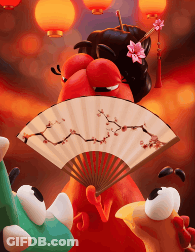 Cartoon Character Holding Fan With Flower GIF