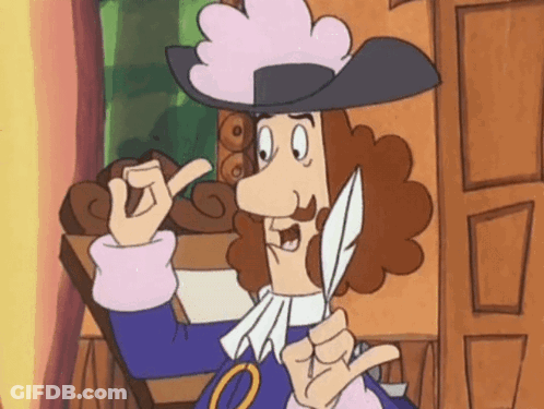 Cartoon Character Holding Feather And Pointing GIF