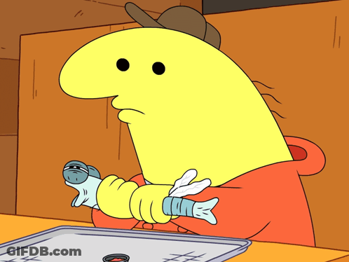 Cartoon Character Holding Fish With Bandage On Arm GIF