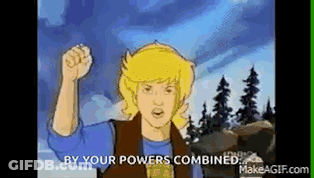Cartoon Character Holding Fist Up By Your Powers Combined GIF