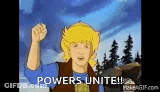 Cartoon Character Holding Fist Up Saying Powers Unite GIF