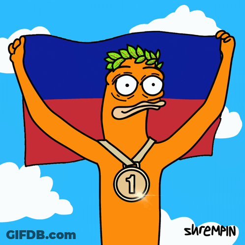 Cartoon Character Holding Flag Wearing Medal Number 1 GIF