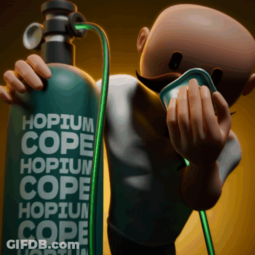 Cartoon Character Holding Green Bottle Saying Hopium Cope GIF