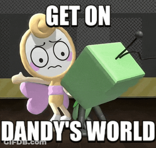 Cartoon Character Holding Green Cube Saying Get On Dandy's World GIF