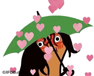 Cartoon Character Holding Green Umbrella With Pink Hearts GIF