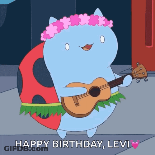 Cartoon Character Holding Guitar With Flower Crown Saying Happy Birthday Levi GIF