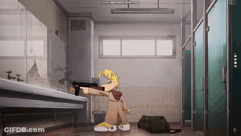 Cartoon Character Holding Gun In Bathroom Www.bandicam.com GIF
